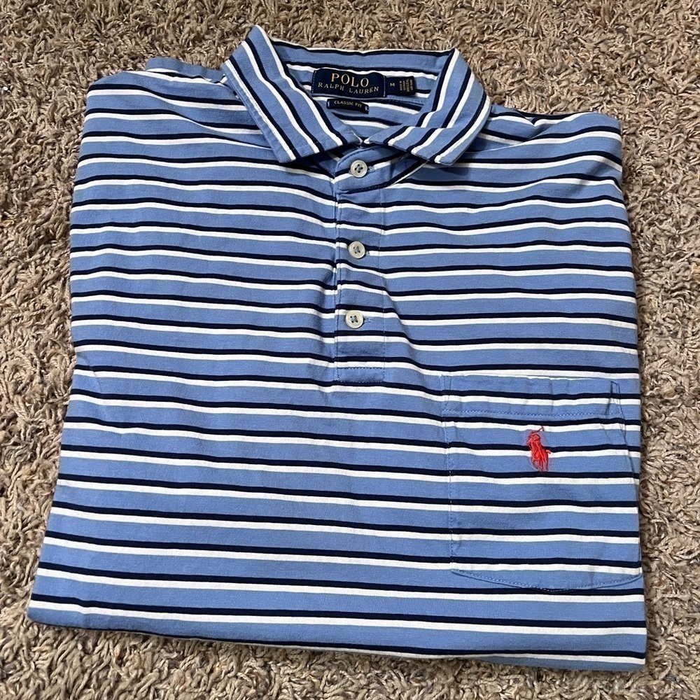 Polo Ralph Lauren Mens Blue Striped Pocket Polo Sz M